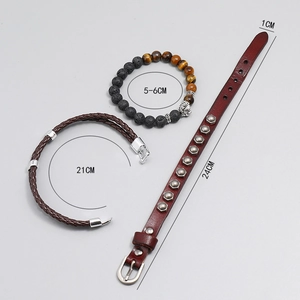Three-piece men's leather and stone bead bracelet set with retro lion head ornament