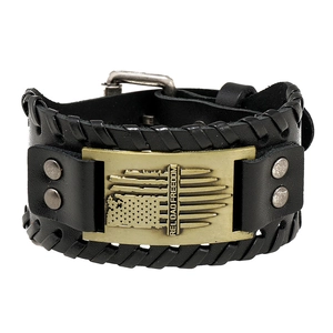 Men's punk vintage woven leather bracelet with Reload Freedom brass metal plate