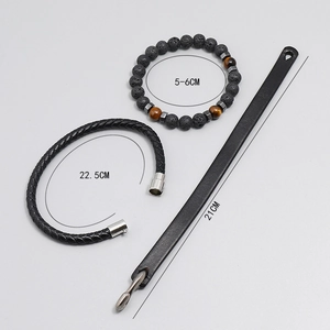 Men's 3-piece black braided leather and lava stone bracelet set with magnetic metal clasp