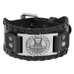 Nordic Viking Thor Hammer Mjolnir Leather Bracelet Vintage Wide Woven Adjustable Punk Rune Metal Bangle Jewelry For Men Women