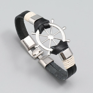 Handmade black leather nautical bracelet for men with silver rudder and clasp