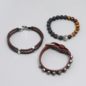 Three-piece set of men's vintage leather bracelets with natural tiger eye stone beads