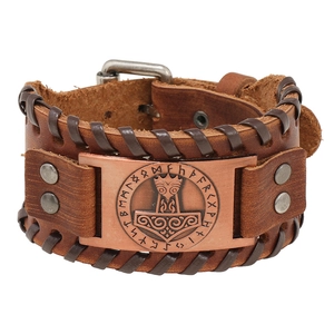 Vintage Viking leather bracelet featuring Thor's hammer and Nordic runes on a wide band