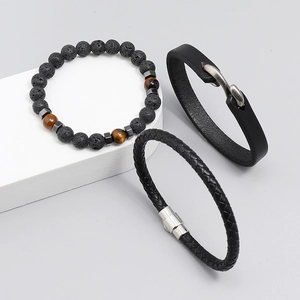 Three-piece men's leather and beaded bracelet set with tiger eye stones and magnetic clasp