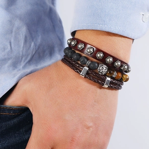 Men's retro leather bracelet set with lava stone beads and silver lion head charm