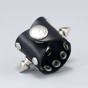 Gothic punk black leather ring featuring silver round studs and bold metallic spikes