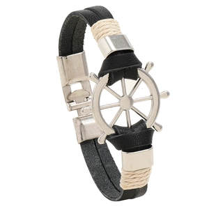 Men's Nautical Steering Wheel Leather Bracelet Hand-Woven Cowhide Braided Wristband Punk Style Silver Alloy Helm Jewelry