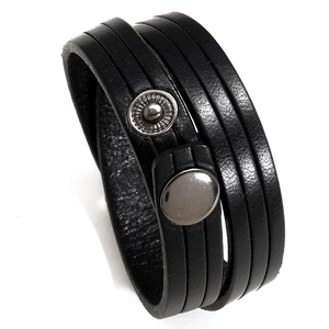 Men's double-wrap black genuine leather bracelet with vintage silver-tone snap buttons