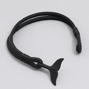 Minimalist black braided leather bracelet featuring a matte whale tail charm for men