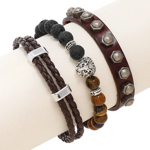 Men Retro Punk Braided Leather Beaded Stone Bracelet And Rivet Wristband Cowhide Lava Tiger Eye Alloy Lion Head Jewelry