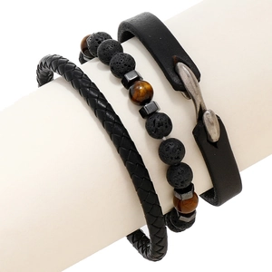 Handmade Leather Bracelet For Men Lava Stone Tiger Eye Beaded Braided Multilayer Wristband Punk Retro Jewelry Accessory