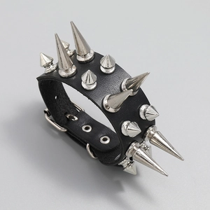 Punk leather bracelet with two rows of silver metal spikes and adjustable buckle
