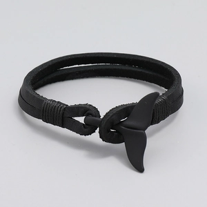 Minimalist black leather braided bracelet with a matte whale tail clasp for men