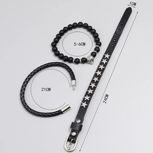 Lot de 3 bracelets noirs pour hommes avec tête de léopard, cuir tressé et clous étoiles