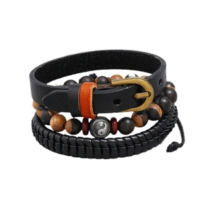 Three-piece men's retro braided leather bracelet set with wooden beads and yin yang charm