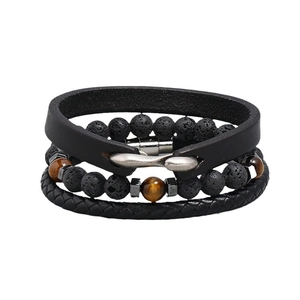 Three-piece men's leather and stone bead bracelet set with volcanic rock and tiger eye