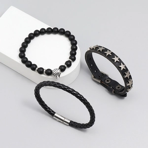 Ensemble de 3 bracelets pour hommes avec perle léopard, cuir tressé et étoiles