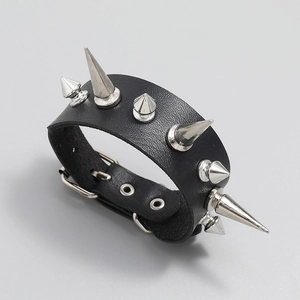 Punk black leather bracelet with silver metal spikes and adjustable buckle closure