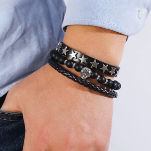 Ensemble de 3 bracelets pour hommes avec cuir noir, rivets étoiles et tête de léopard argent