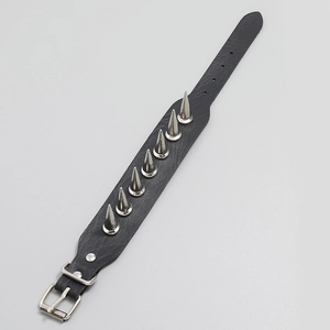 Punk black leather bracelet with silver spiked studs and adjustable metal buckle
