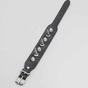 Punk black leather bracelet with silver metal spikes and adjustable buckle strap