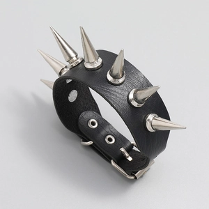 Gothic punk black leather bracelet with sharp silver metal spikes and adjustable buckle