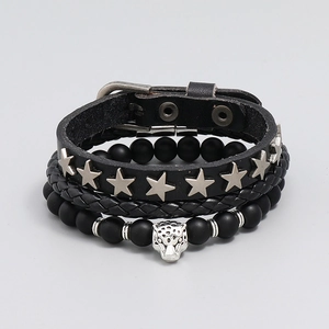 Bracelet multicouche pour homme en cuir avec étoiles et pendentif tête de léopard