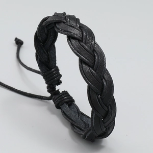 Handmade multilayer braided black leather bracelet with adjustable drawstrings for men