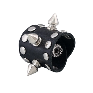 Punk black leather wristband with silver metal spikes and rivet studs on white background