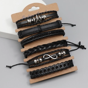 Handmade multi-layer punk black leather bracelet set with 6 pieces of woven rope jewelry