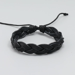 Handmade multilayer braided black leather bracelet with adjustable drawstring closure for men