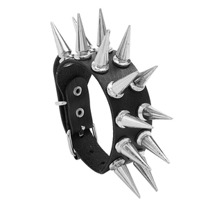 Punk Rock Schwarz PU Leder Spikes Armband Zweireihig Silberfarben Kegel Nieten Gothic Armreif Für Herren Damen Schmuck
