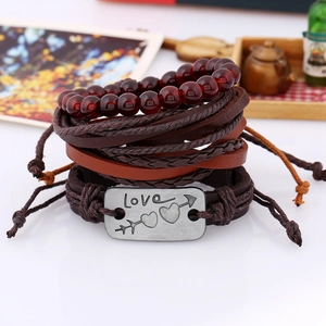 Multilayer leather wrap bracelet set with Love metal plate and brown braided cords