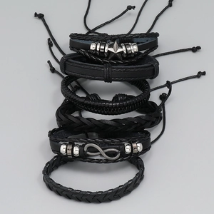 6-piece black multilayer braided leather bracelet set for men with silver metal charms