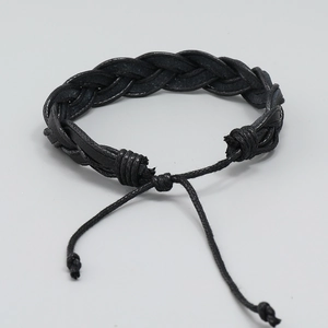 Handmade multilayer braided black leather bracelet with adjustable drawstrings for men