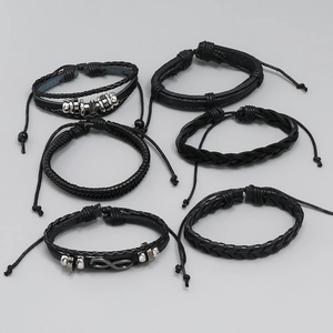 Set of 6 men's black woven leather bracelets with silver metal charms and infinity symbol