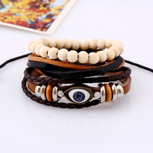 Bohemian multi-layer leather bracelet set with evil eye charm and wooden beads