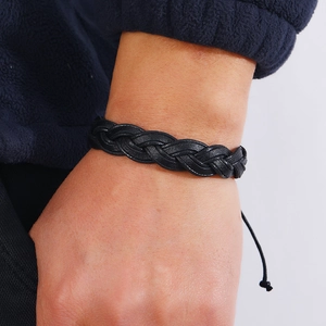 Handmade woven multilayer black leather bracelet with adjustable drawstring for men