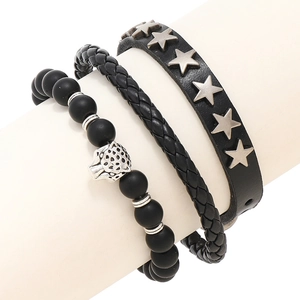 Ensemble de Bracelets en Cuir Punk Vintage pour Hommes Avec Tête de Léopard en Alliage Et Étoiles Cloutées Tressé Multicouche
