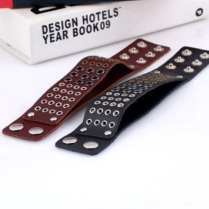 Punk multilayer wide leather bracelets with metal eyelets in black and brown colors