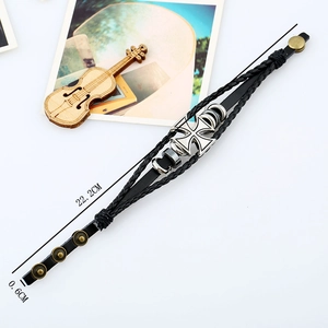 Men's multi-layer braided leather bracelet with silver cross and adjustable snap button