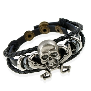 Bracciale Intrecciato in Pelle Artificiale Teschio Pirata Punk Per Uomo Donna Vintage Lega Scheletro Spada Incrociata Polsino Multistrato