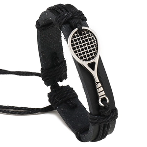 Bracelet en Cuir Tissé à la Main pour Hommes avec Raquette de Tennis Noir Réglable en Cuir Artificiel Cordon Bijoux Cadeau