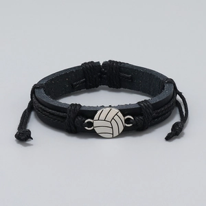 Handgemaakte geweven zwarte leren armband met zilveren volleybalbedel voor sportfans