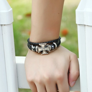 Men's multi-layer braided leather bracelet featuring a silver metal cross pendant and beads