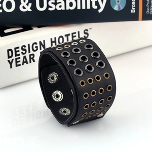 Multilayer wide leather cuff bracelet with punk rock eyelets and adjustable snaps