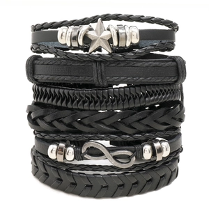 Men Punk Black Braided Leather Bracelets Stacked Star Infinity Alloy Beads Charm Retro Bohemian Adjustable Jewelry Wristband