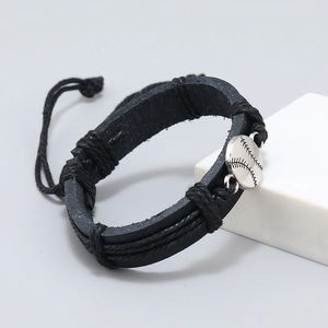 Bracelet baseball en cuir noir tressé à la main avec pendentif argenté sur pierre