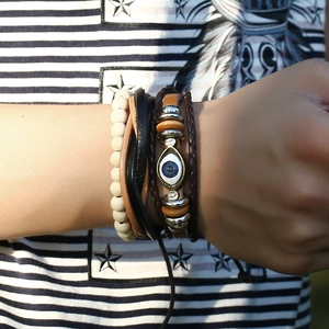 Multilayer leather wrap bracelet with evil eye bead and vintage wood beads for women