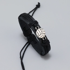 Handgemaakte zwart leren volleybal armband voor heren met verstelbare gevlochten touwen